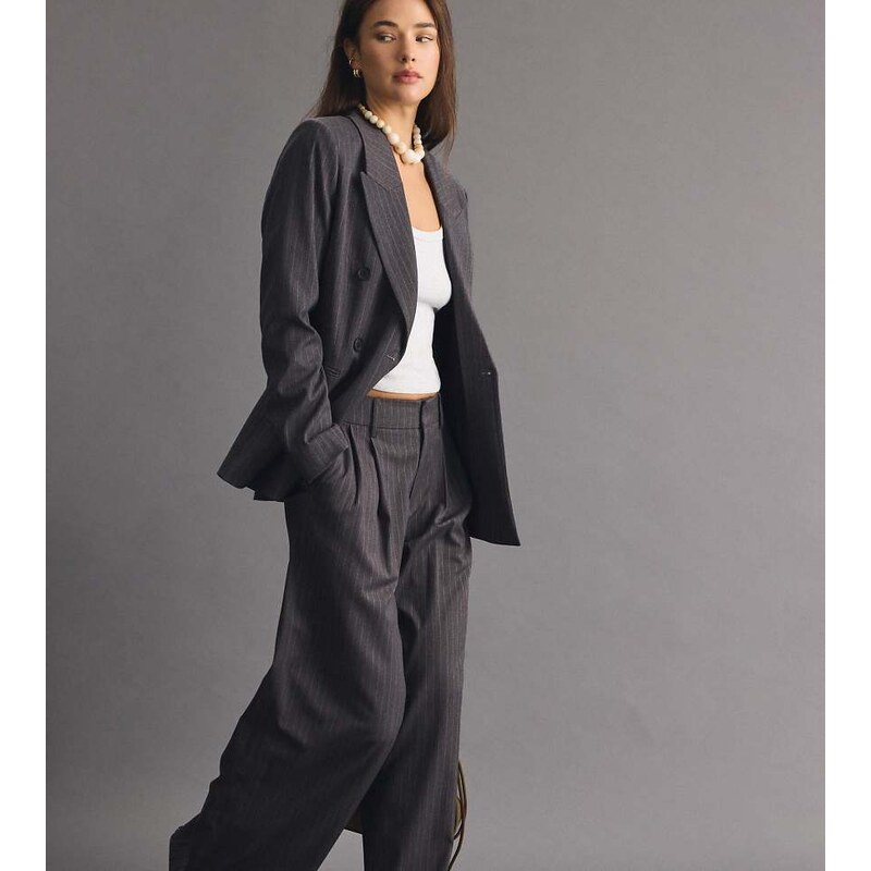 Stradivarius Petite striped wide-leg trousers in grey