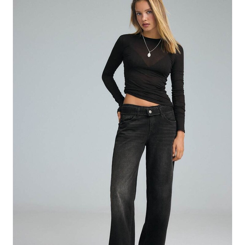 Stradivarius Petite double-waist wide-leg jeans in black denim