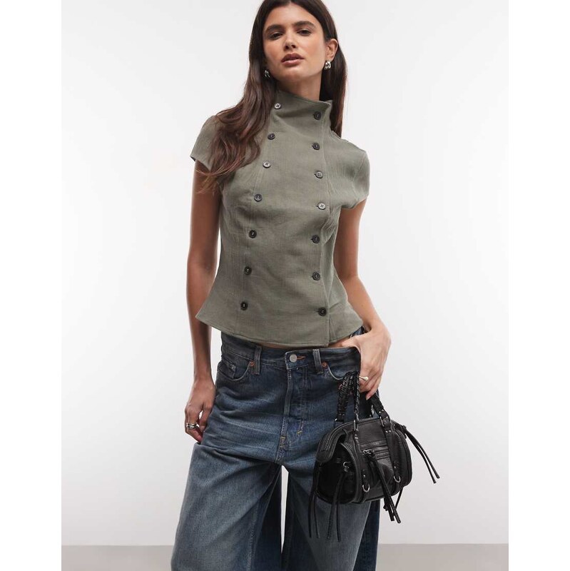 Weekday high neck textured button top in dark khaki-Green