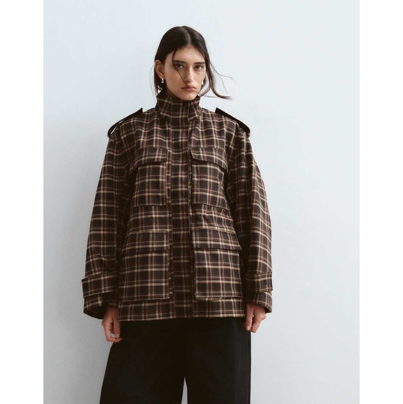ARRANGE oversized funnel neck cargo jacket in chocolate check