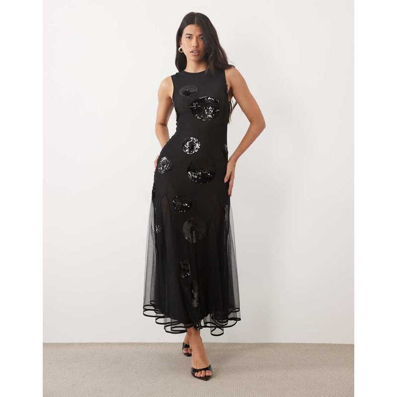 ASOS DESIGN embellished sequin spot maxi dress in black