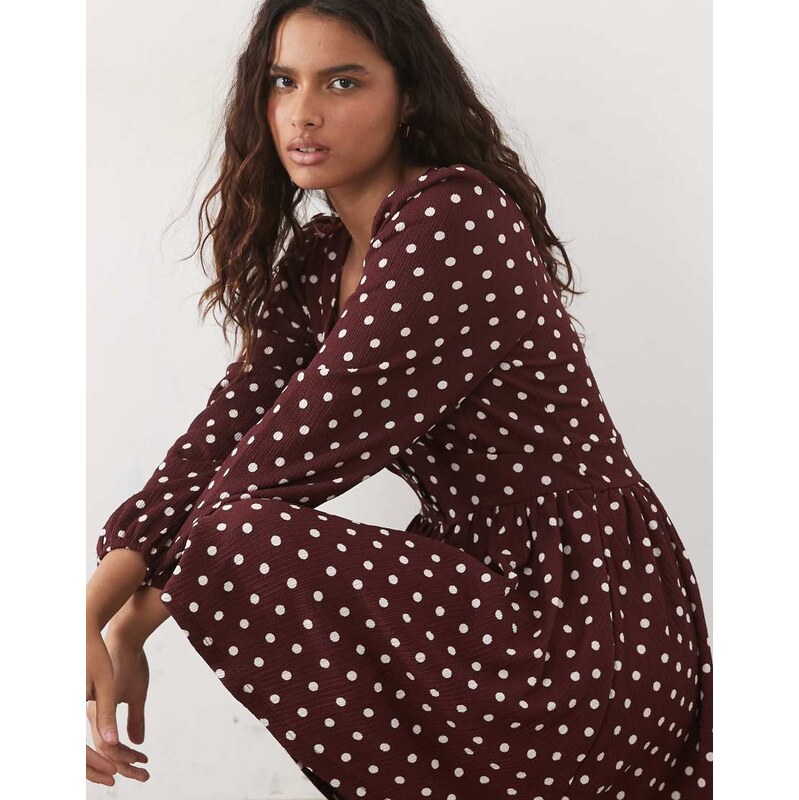 New Look long sleeve empire waist detail mini dress in burgundy