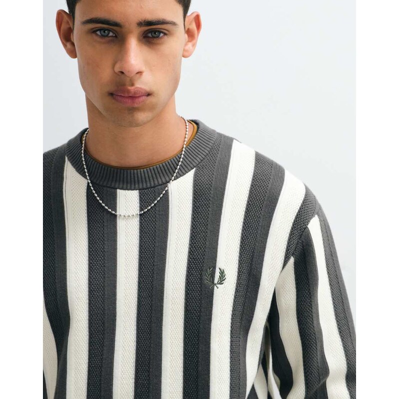 Fred Perry textured stripe jumper in grey and ecru-Multi