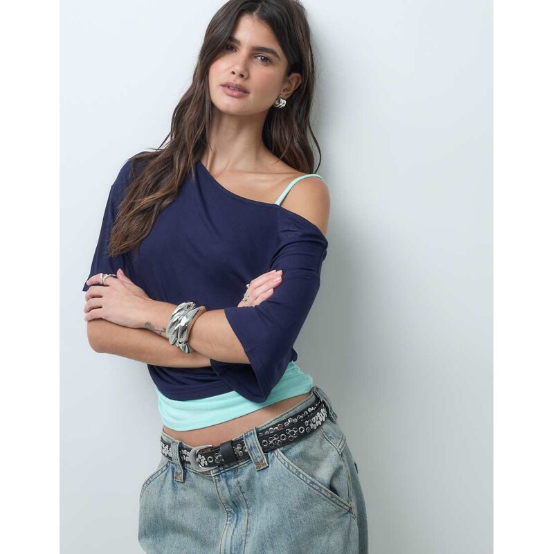 COLLUSION double layer off shoulder drap top in navy + aqua