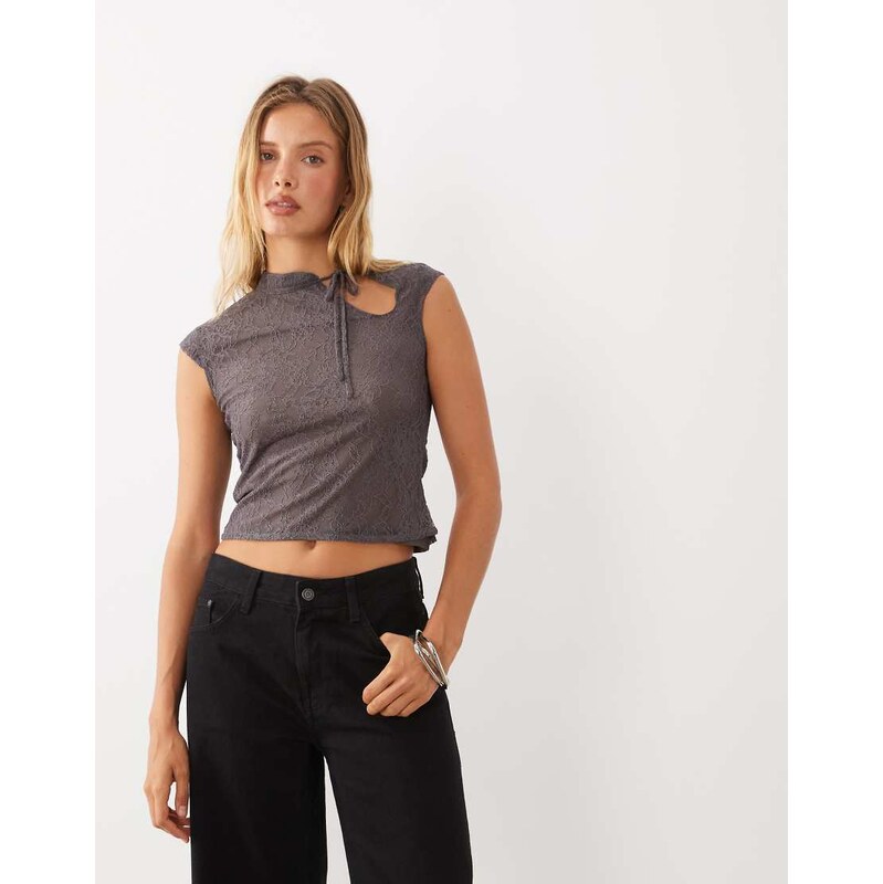 Mango high neck cap sleeve tie neck top in grey