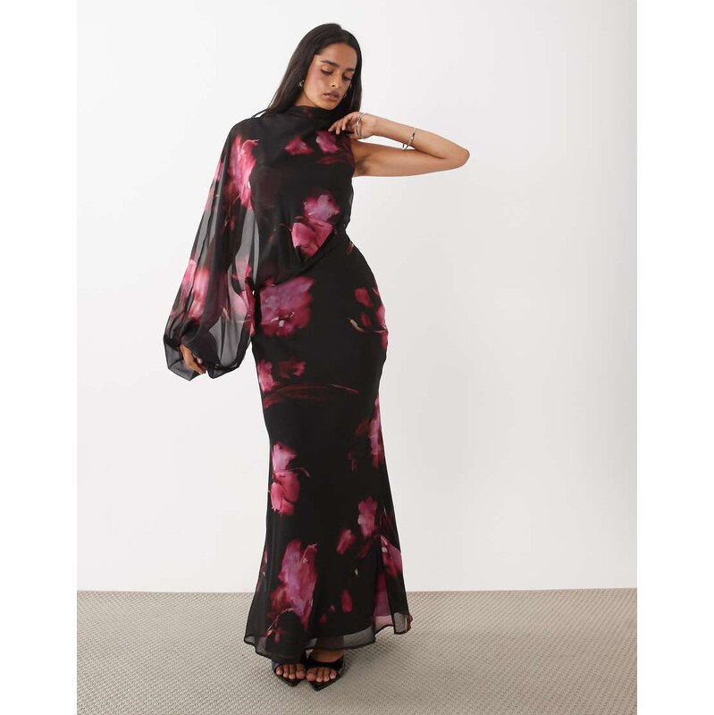 ASOS DESIGN one sleeve blouson overlay bias cut maxi dress in