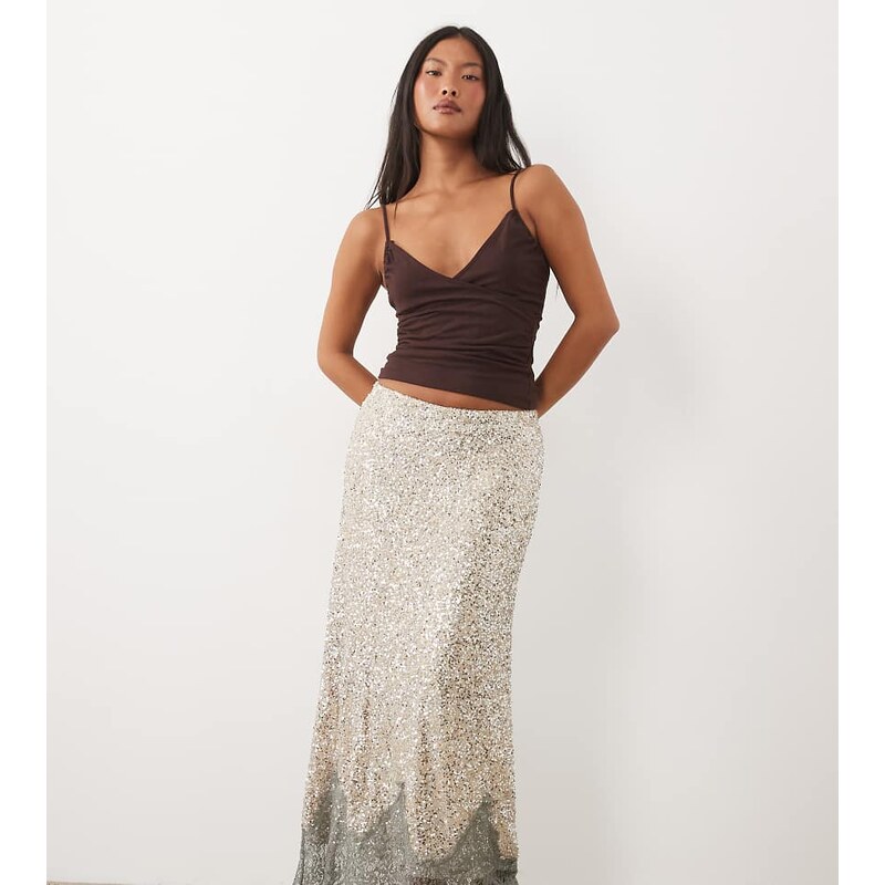 Never Fully Dressed Petite Maeva sequin lace detail midi skirt
