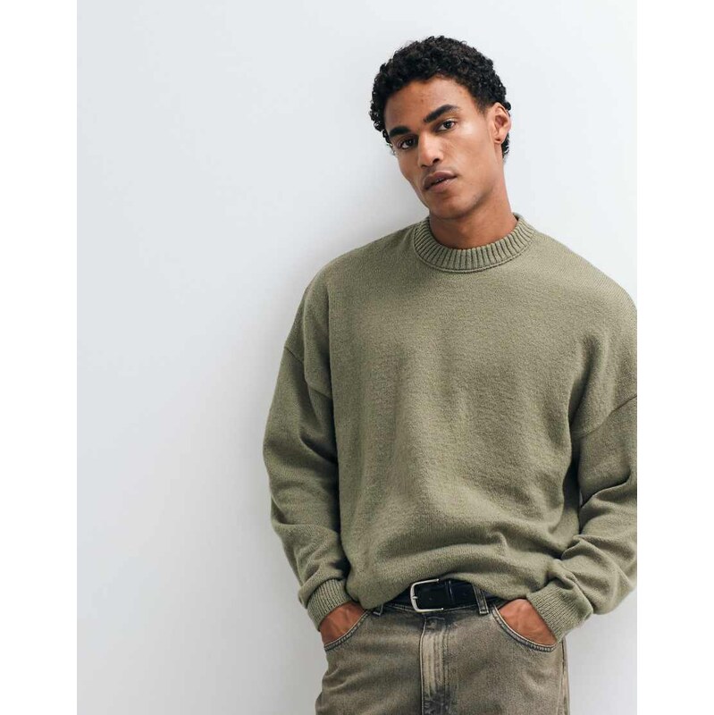 ASOS DESIGN super oversized knitted crew boucle jumper in khaki