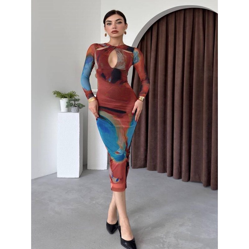 WOMAN VISION Šaty světlemodrá / hnědá / tmavě hnědá