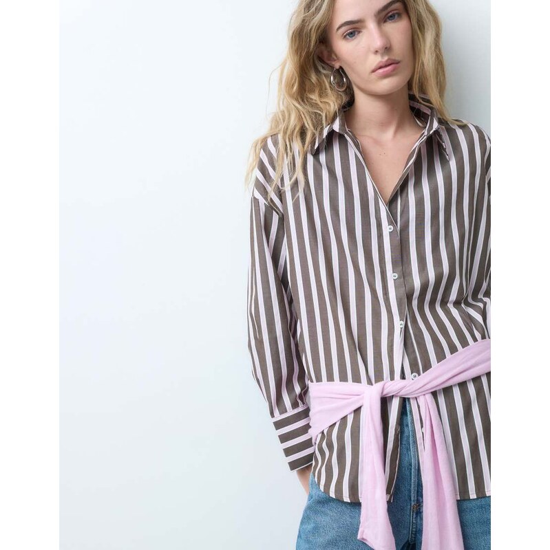 ONLY oversized drop hem shirt in chocolate stripe-Brown