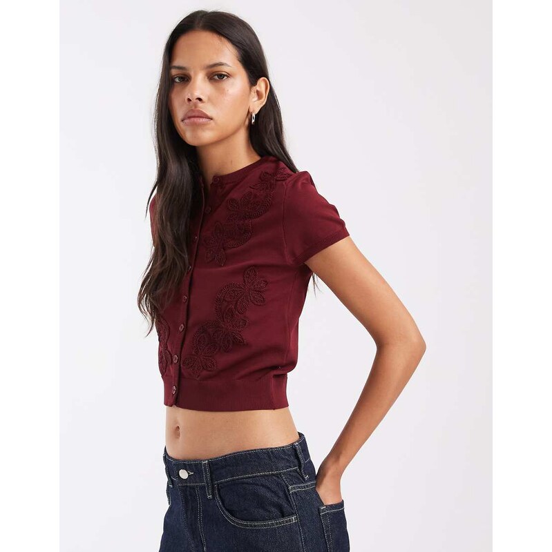 ASOS DESIGN knitted lace detail short sleeve cardigan in