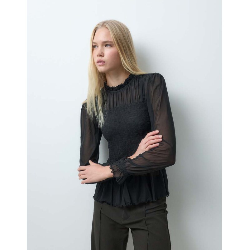JDY mesh shirred blouse in black