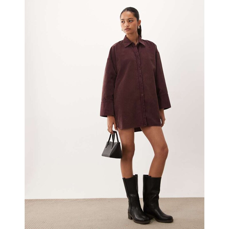 ASOS DESIGN oversized cord shirt mini dress in washed burgundy