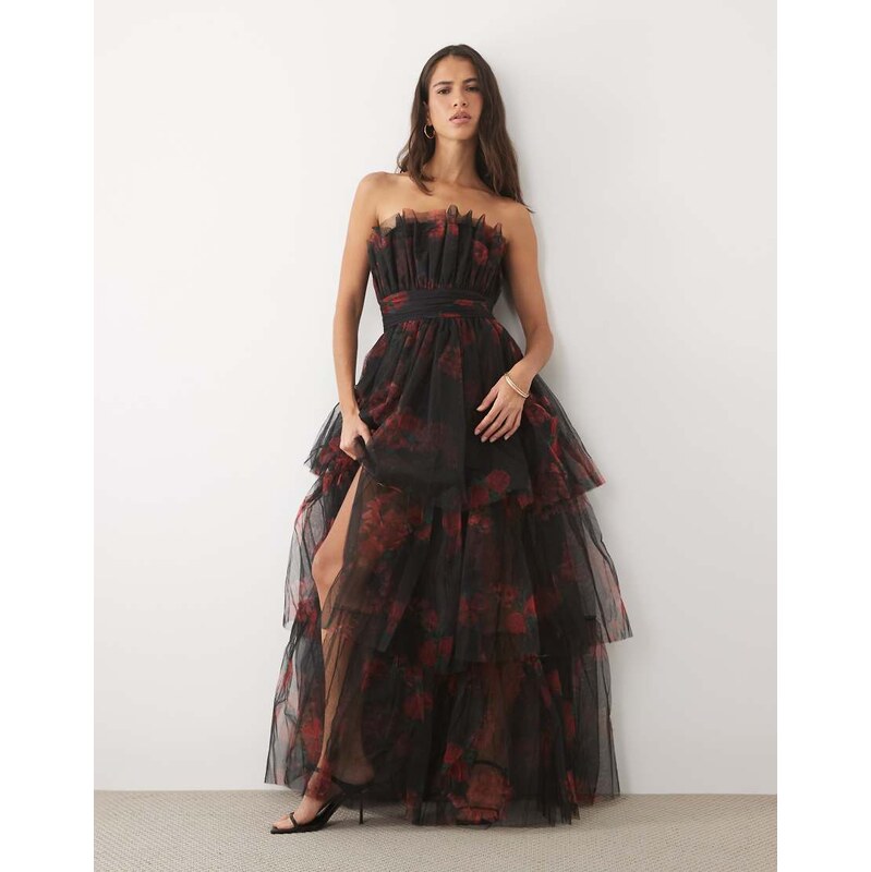 Lace & Beads tulle bandeau ruffle tiered maxi dress in black