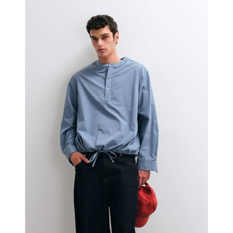 ASOS DESIGN oversized henley shirt with drawcord hem in blue