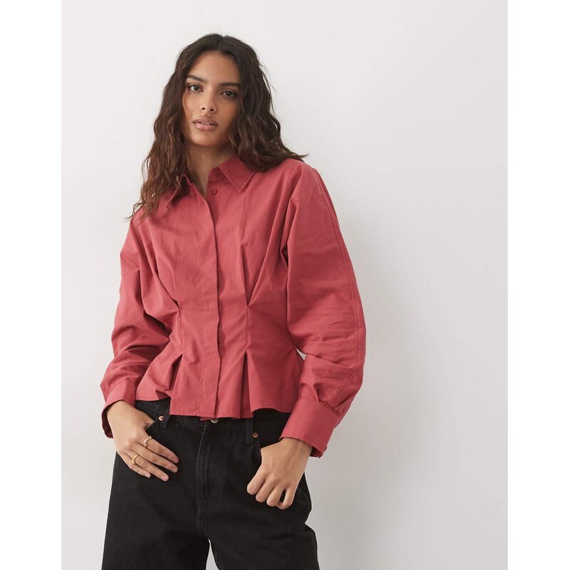 Miss Selfridge cinched waist peplum shirt in red