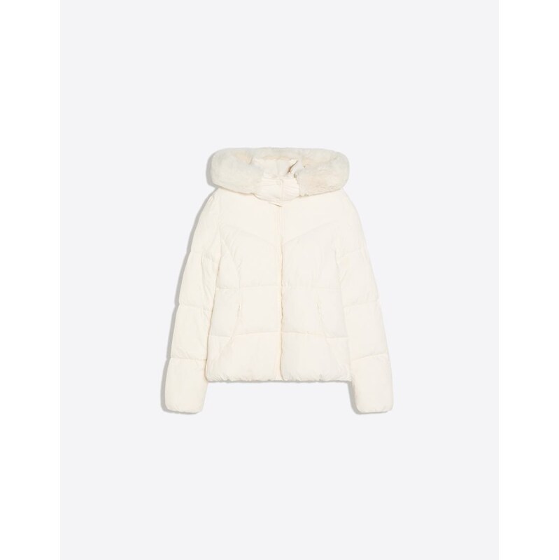 Bershka Padded jacket with fur hood in ecru-White