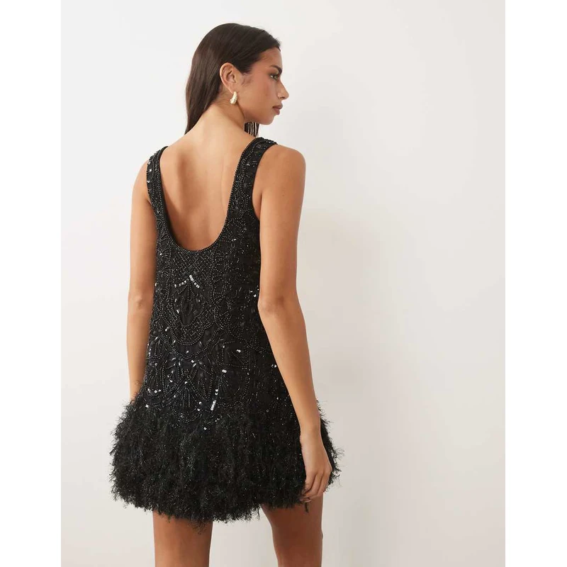 embellished cami mini dress with flippy hem in black asos LUXE scoop neck faux feather july410