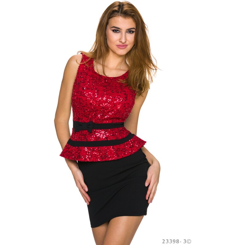 Společenské peplum šaty s flitry - černo-červené