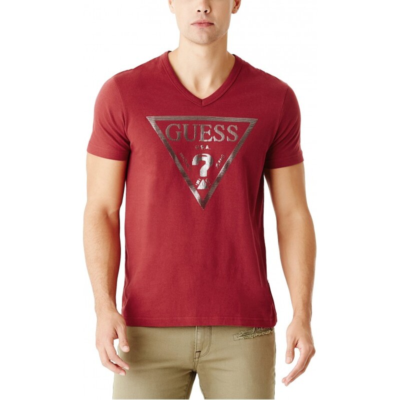 GUESS Pánské tričko Bordeaux Logo V-Neck Tee - havana red