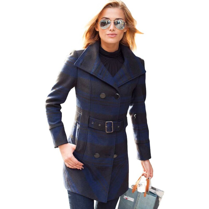 Krátký dámský zimní vlněný kabát, dámský kostkovaný kabát ANISTON 36 černo-modrá