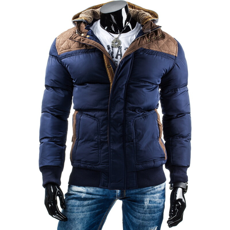 streetIN Zimní bunda s hnědými nášivkami a úpletovou kapucí s kožíškem - modrá Velikost: L