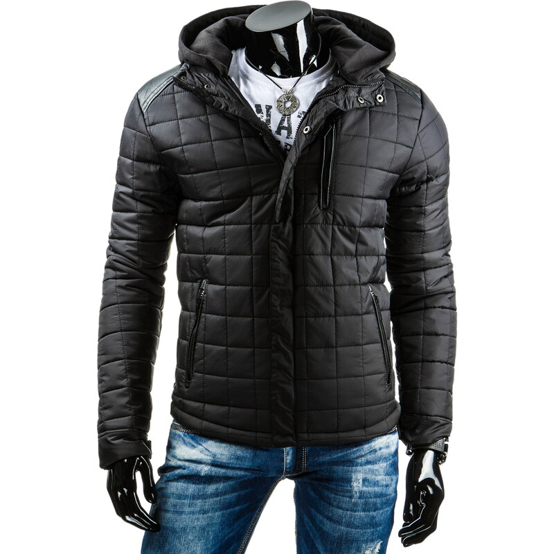 streetIN Prošívaná zimní bunda s koženkovými nášivkami a úpletovou kapucí - černá Velikost: L