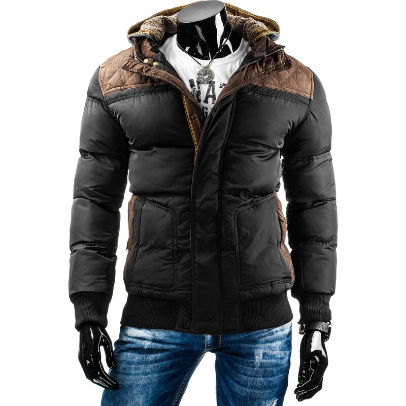 streetIN Zimní bunda s hnědými nášivkami a úpletovou kapucí s kožíškem - černá Velikost: L