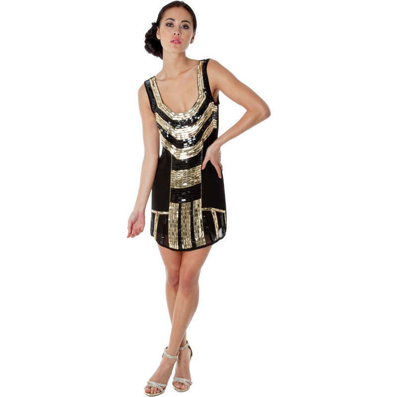 goddess LONDON Černo-zlaté antické mini šaty s flitry Barva: Černá, Velikost: S
