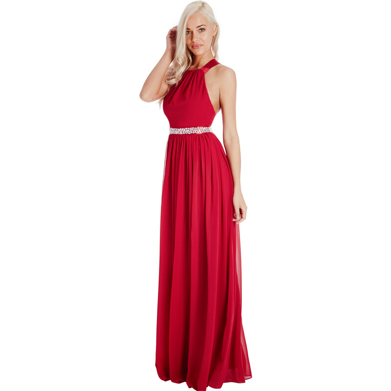 GODDIVA Dlouhé červené plesové šaty s jemnou sukní a diamanty Barva: Červená, Velikost: L