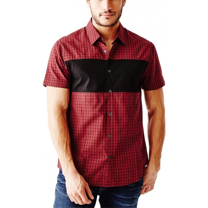 GUESS GUESS Onisim Short-Sleeve Grid Shirt - red sea