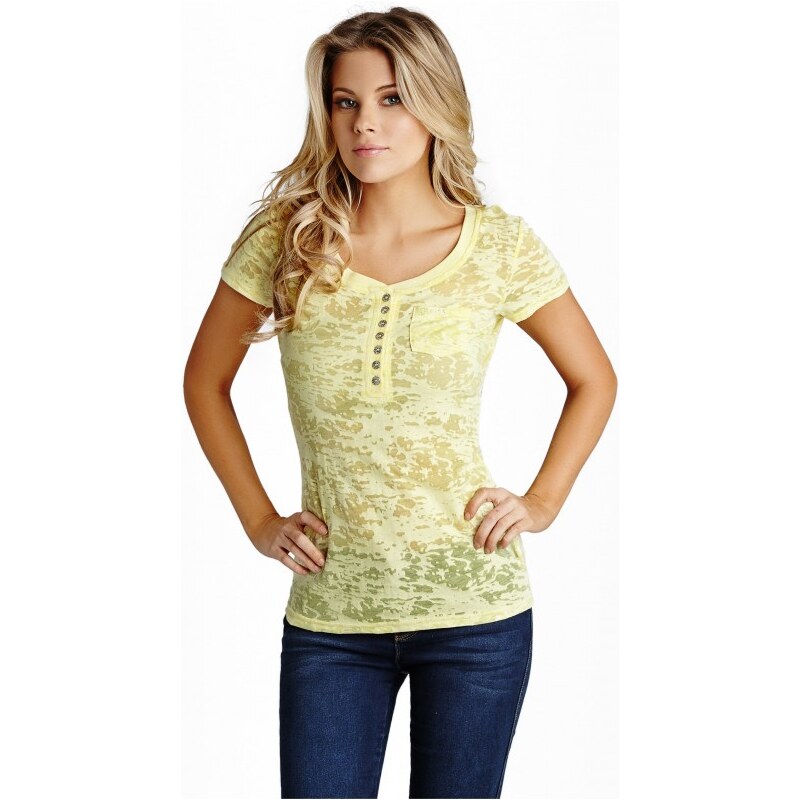 GUESS Dámské tričko Kelley Burnout Henley Top - baja yellow