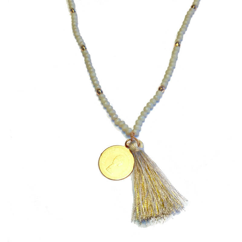 Dámský náhrdelník Faceted glass champagne s mincí a střapcem Mou Jewel