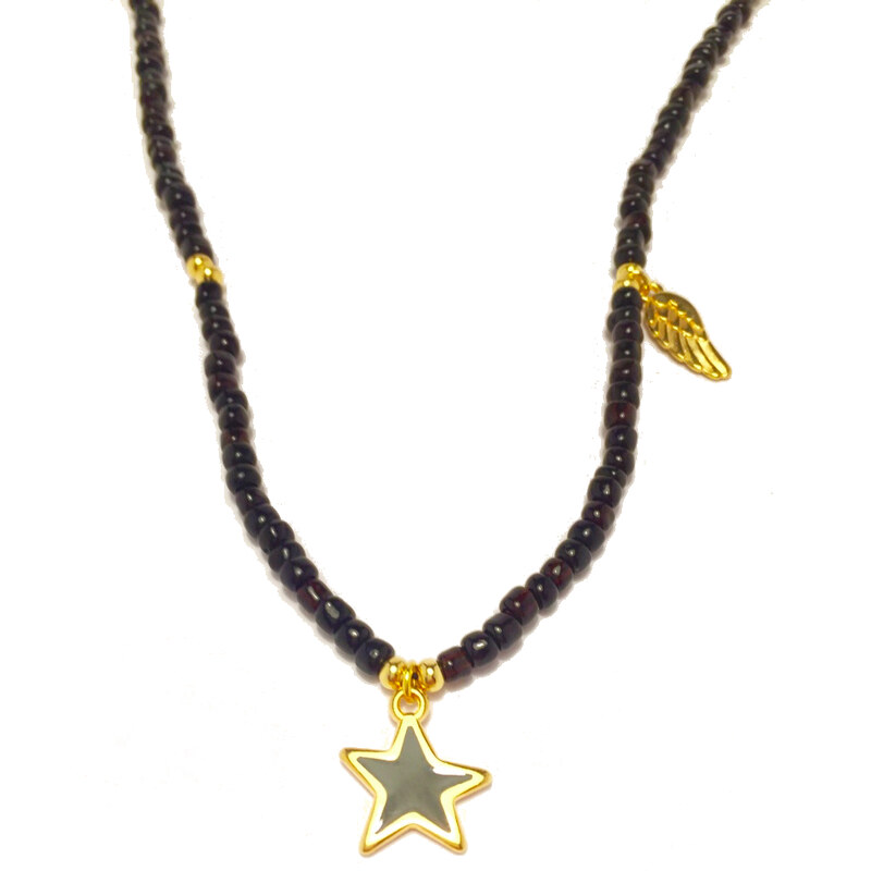 Dámský náhrdelník Shiny glass black s hvězdičkou a křídlem Mou Jewel