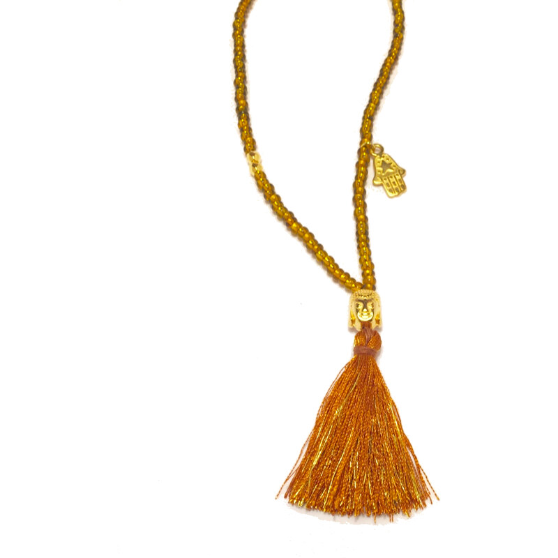 Dámský náhrdelník Shiny glass gold s Buddhou a střapcem Mou Jewel