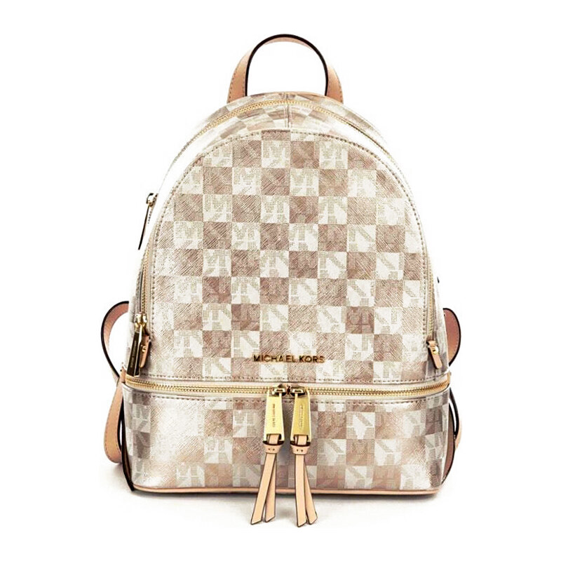 Michael Kors Rhea zip small backpack batoh metallic checkered gold