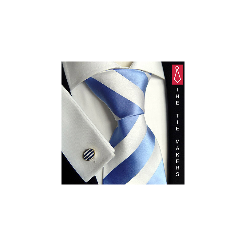 Beytnur Luxusní hedvábná kravata bíla s modrým pruhem 114-3