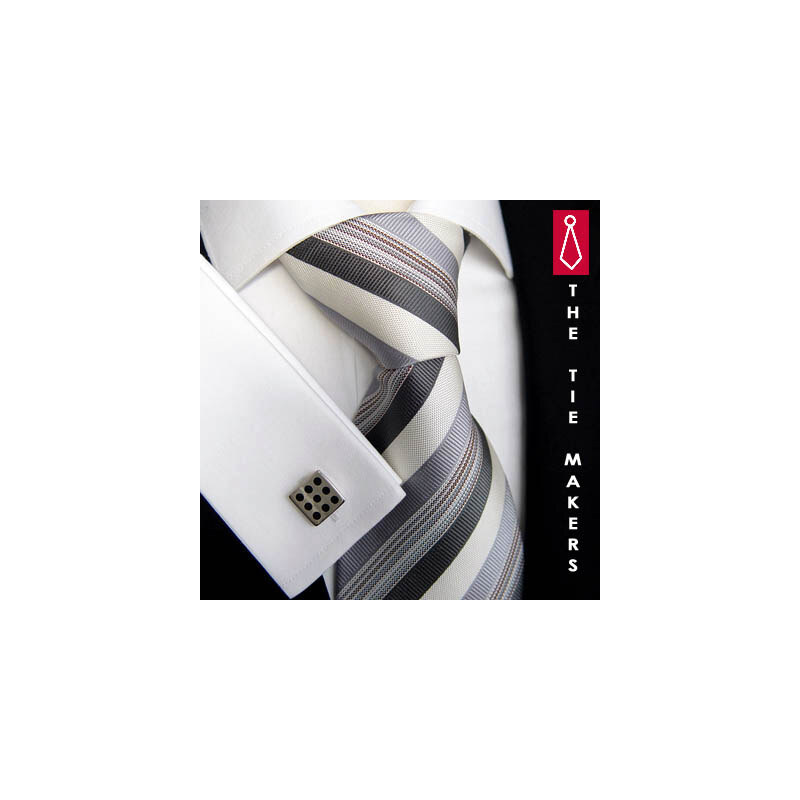 Beytnur Luxusní hedvábná kravata bílá s šedými proužky 160-3