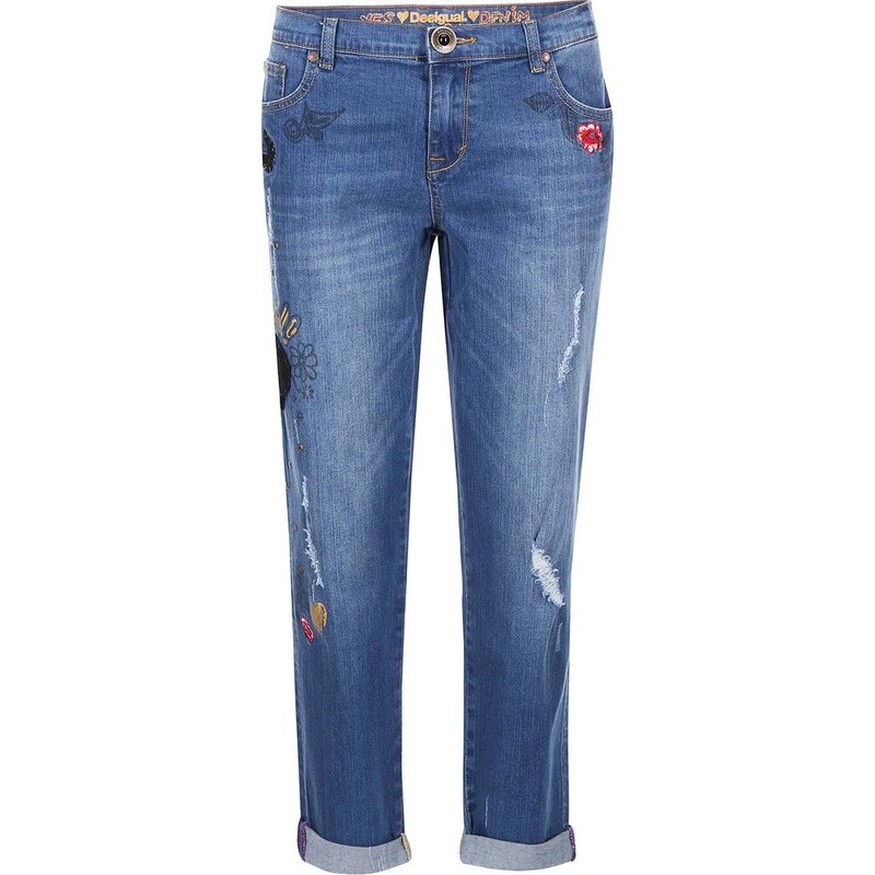 Modré džíny s barevnou výšivkou Desigual Full Rococo