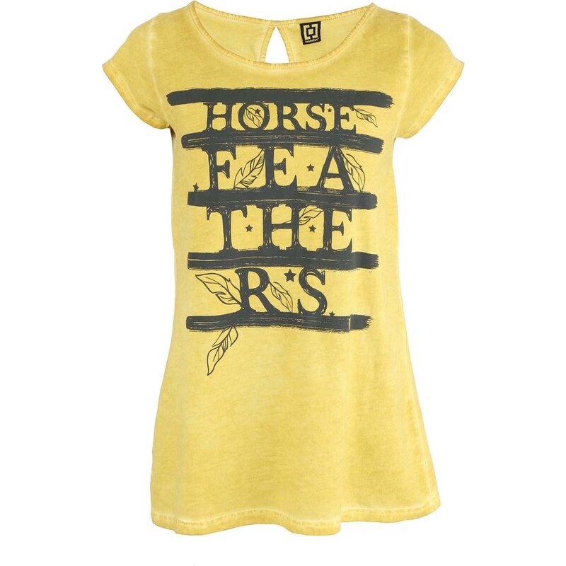 Žluté dámské tričko s nápisem Horsefeathers Feathers