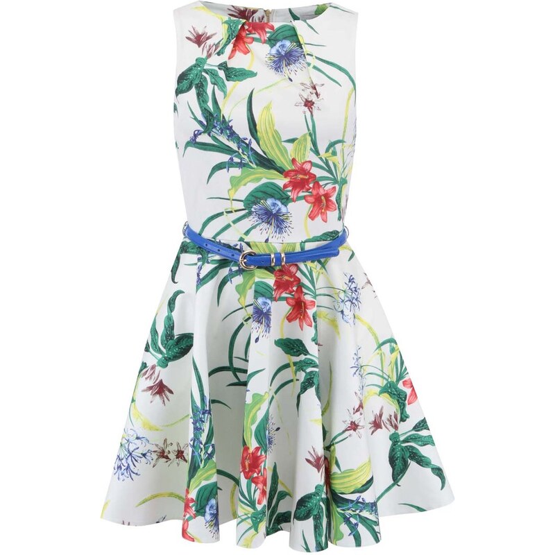 Smetanově bílé šaty s tropickým motivem a modrým páskem Closet