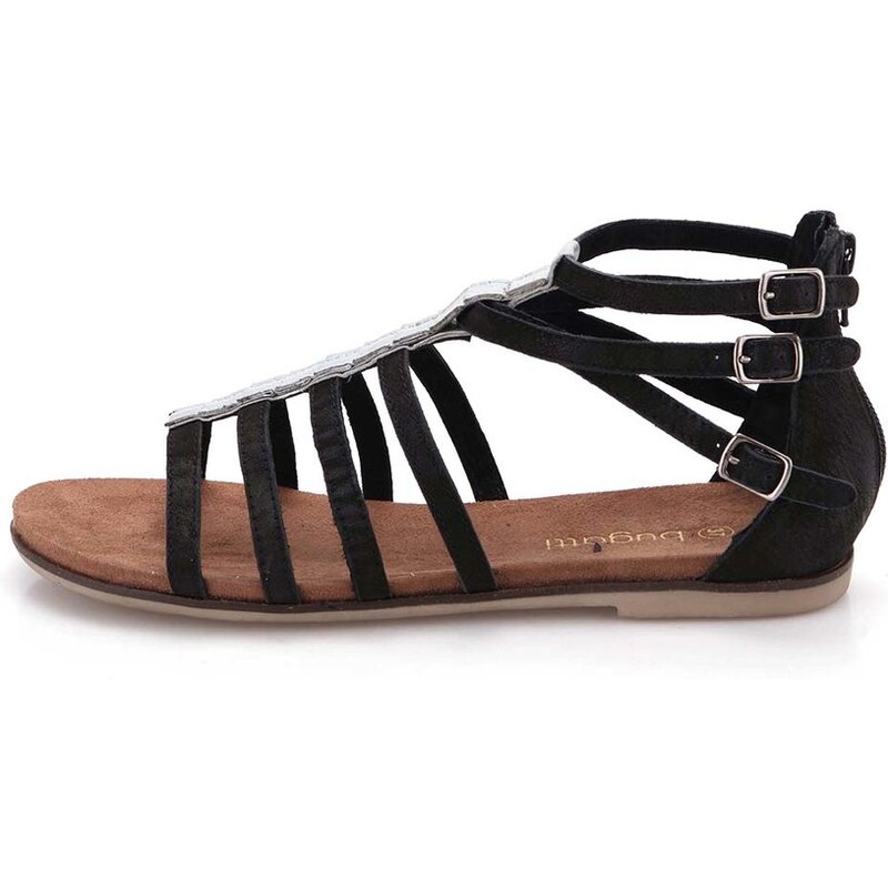 Černé dámské kožené páskové sandálky se spojem ve stříbrné barvě bugatti