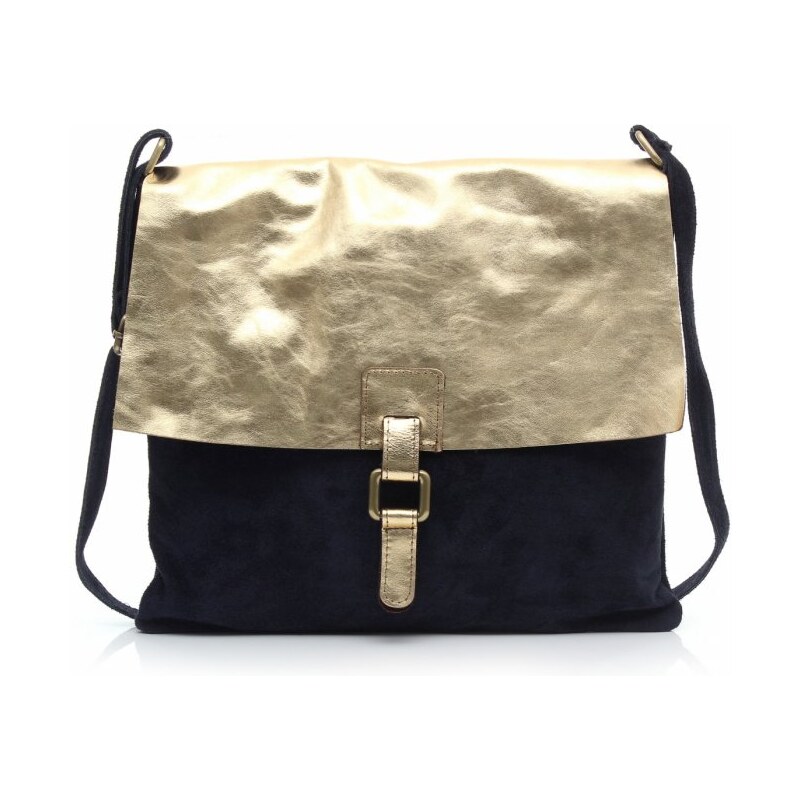 Genuine Leather Módní kožená kabelka listonošky Tmavě modrá Gold