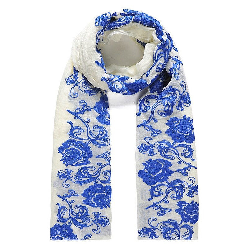 Vyšívaný šátek, šátek na krk s vyšívanými květinami INTRIGUE (1 ks skladem) modrá Dopravné zdarma!