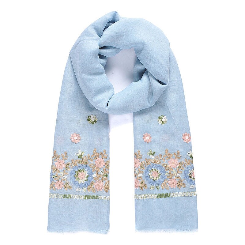 Vyšívaný šátek, šátek na krk s vyšívanými květinami INTRIGUE (1 ks skladem) modrá kouřová Dopravné zdarma!