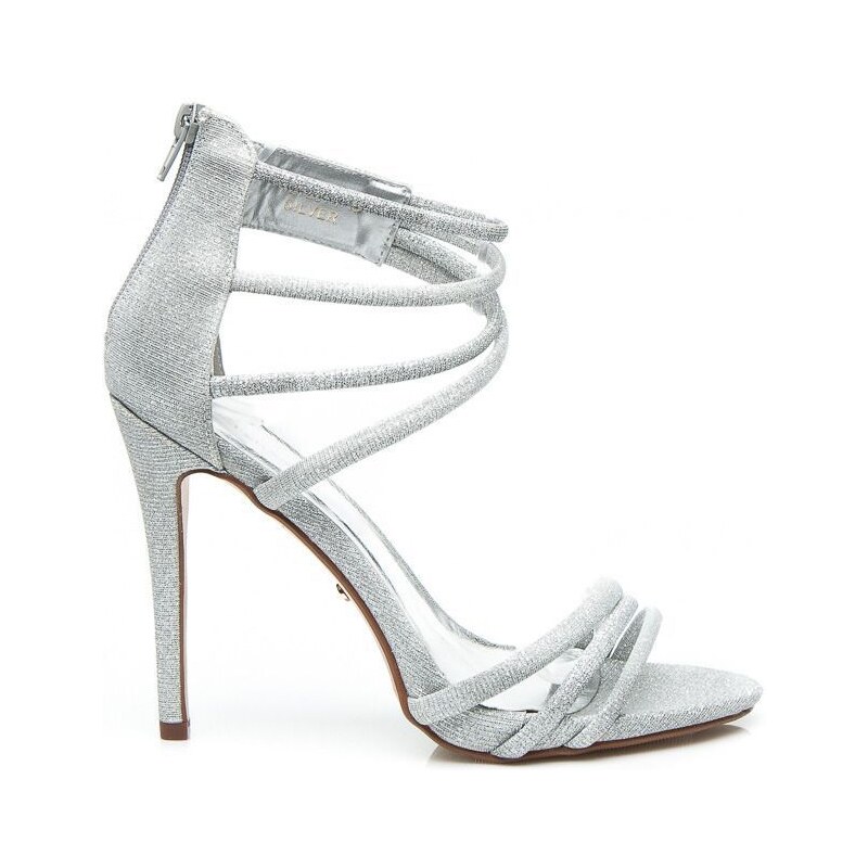 IDEAL Stříbrné brokátové sandály na podpatku