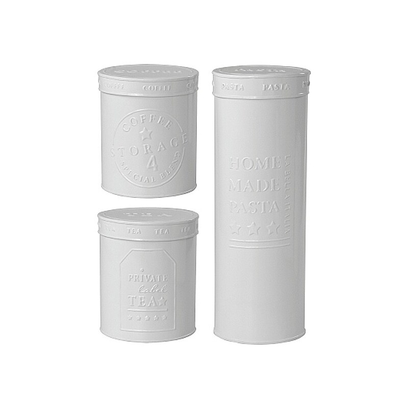 Bastion collections - Set 3ks kuchyňských plechových kulatých boxů, bílá (Pasta/Coffee/Tea) cena za