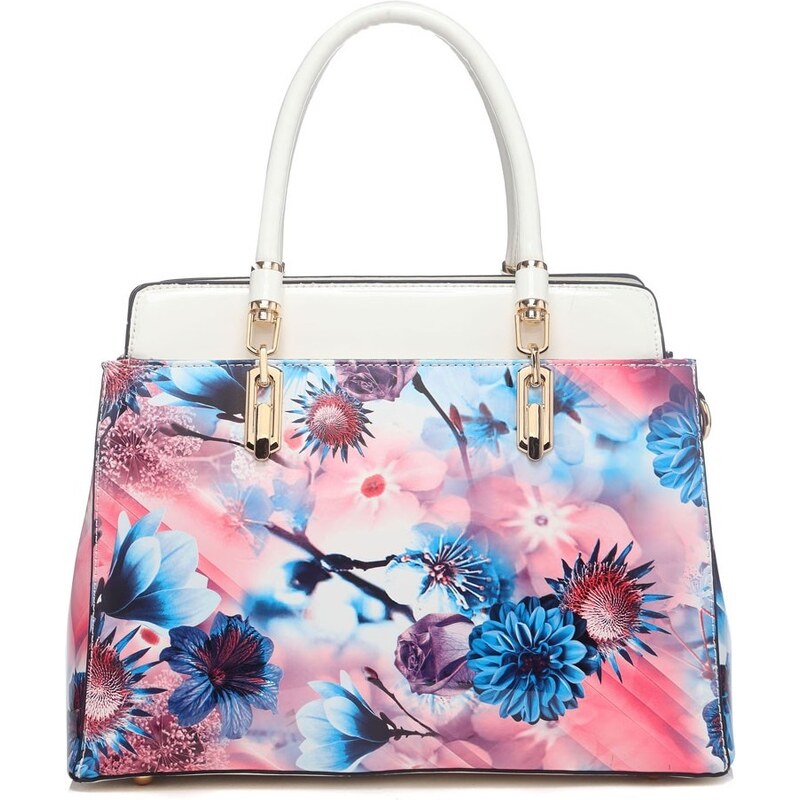 Moda Handbag Moderní lakovaná kabelka s květy 6002 bílá