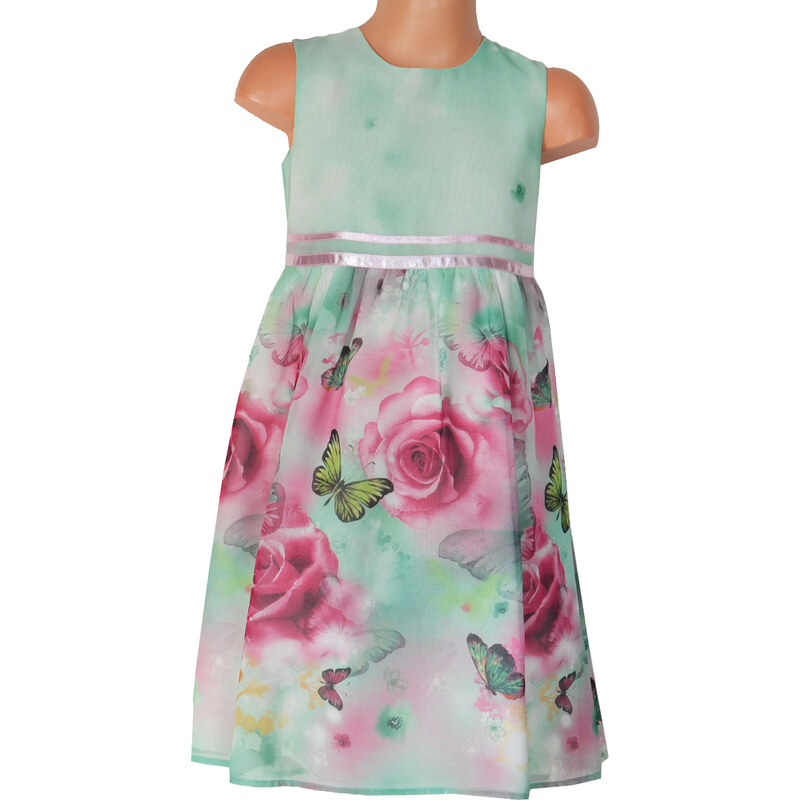 Topo Dívčí šaty s růžičkami a motýlky - mentolové