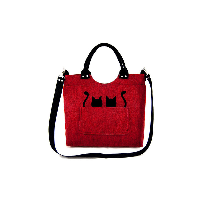 Lecharme Elegantní červená filcová kabelka EKO Excent Dvě kočky v kapse